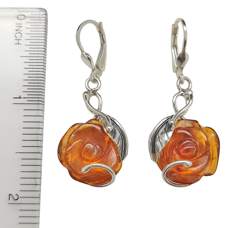 Amber Sterling Silver Rose Earrings On Hooks