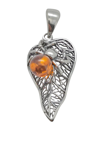 Baltic Amber Pendant & Earrings Set in a Gift Box - Spider on Leaf