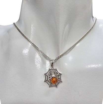 Cognac Amber Silver Spiderweb Pendant