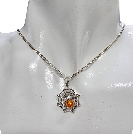 Cognac Amber Silver Spiderweb Pendant