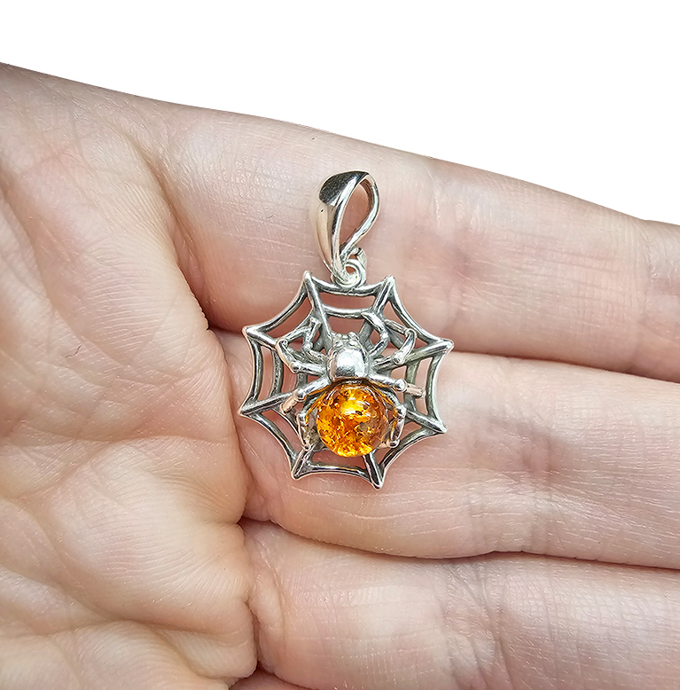 Cognac Amber Silver Spiderweb Pendant