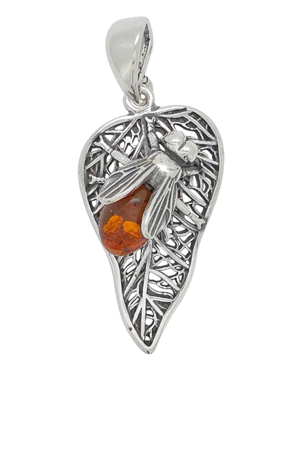 Baltic Amber Pendant & Earrings Set in a Gift Box - Fly on Leaf