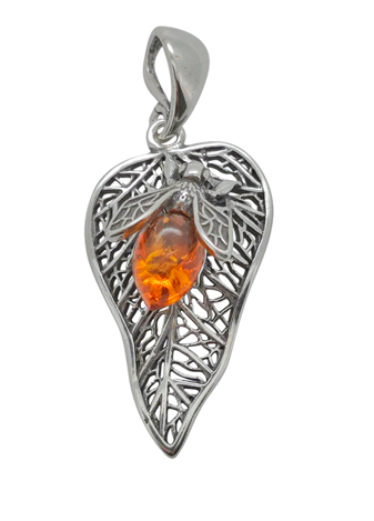 Baltic Amber Pendant & Earrings Set in a Gift Box - Fly on Leaf