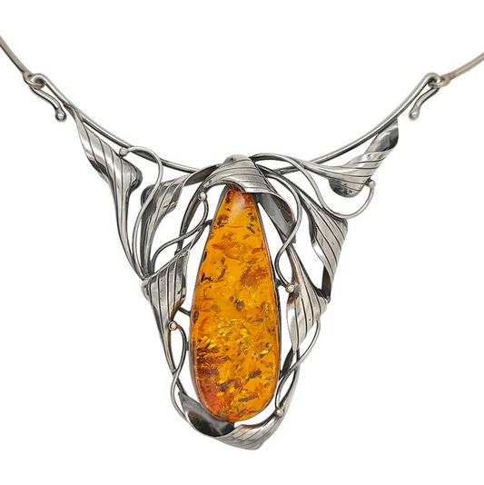 Handmade Art Nouveau Cognac Amber Oxidized Silver Necklace