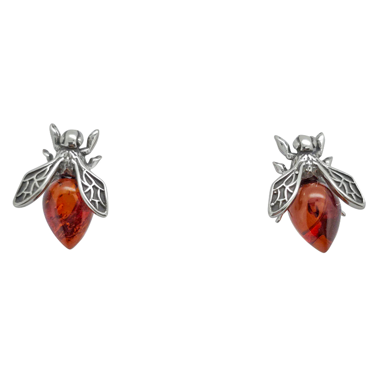 Baltic Amber Pendant & Earrings Set in a Gift Box - Fly on Leaf