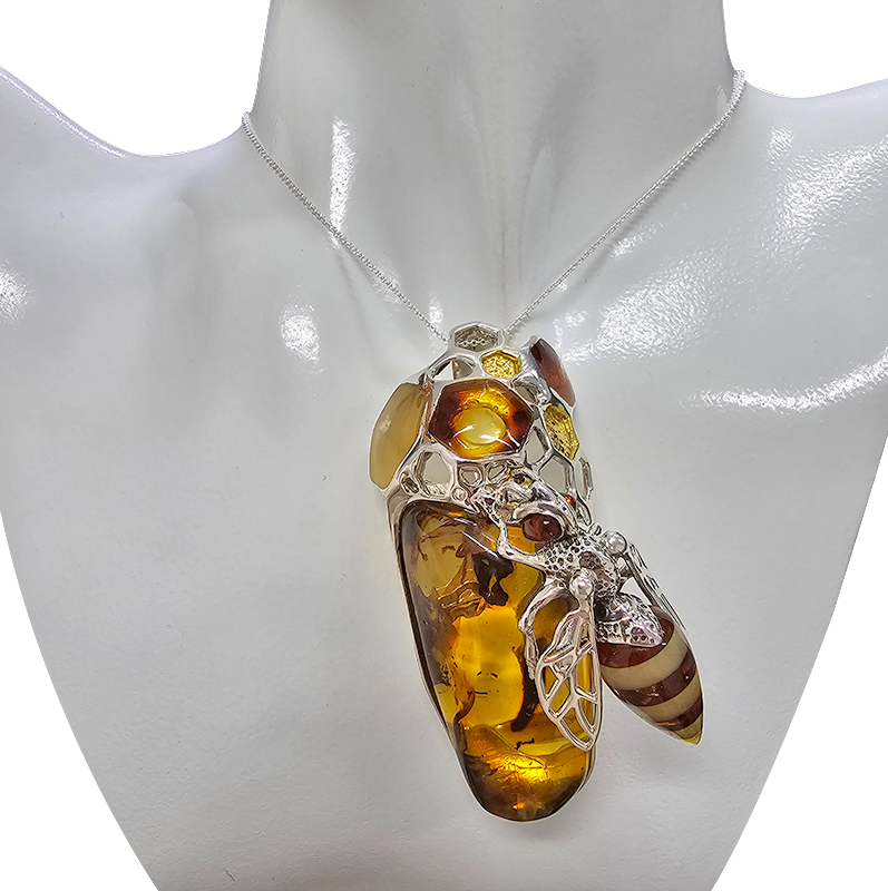 The Queen Bee & Honeycomb Baltic Amber & .925 Sterling Silver Masterpiece