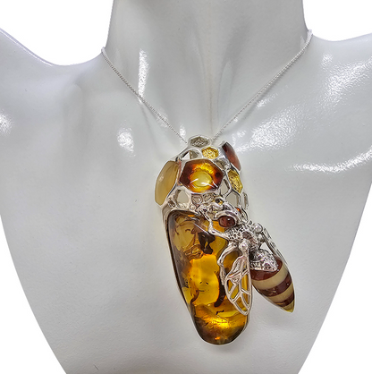 The Queen Bee & Honeycomb Baltic Amber & .925 Sterling Silver Masterpiece