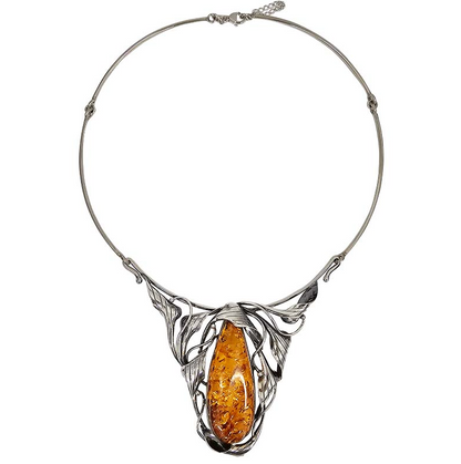 Handmade Art Nouveau Cognac Amber Oxidized Silver Necklace