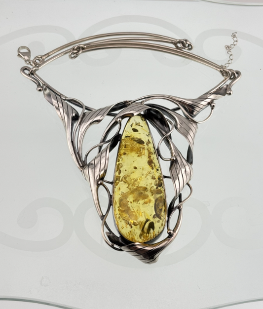 Handmade Art Nouveau Citrine Amber Oxidized Silver Necklace