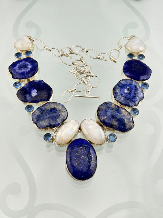 Blue Solar Quartz - Moonstone - Lapis Lazuli - Blue Topaz Necklace