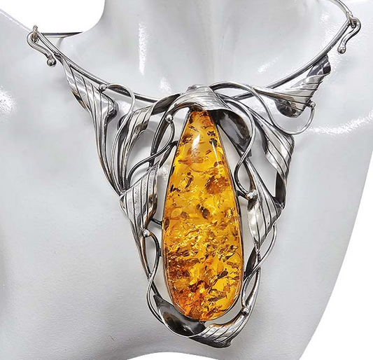 Handmade Art Nouveau Cognac Amber Oxidized Silver Necklace