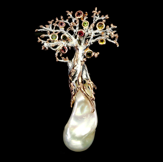 925 Sterling Silver Brooch Round Tourmaline Pearl Tree Of Life