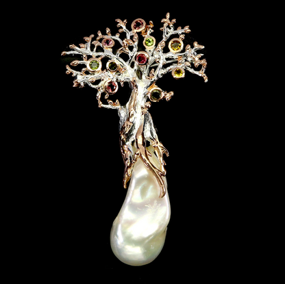 925 Sterling Silver Brooch Round Tourmaline Pearl Tree Of Life