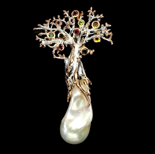 925 Sterling Silver Brooch Round Tourmaline Pearl Tree Of Life