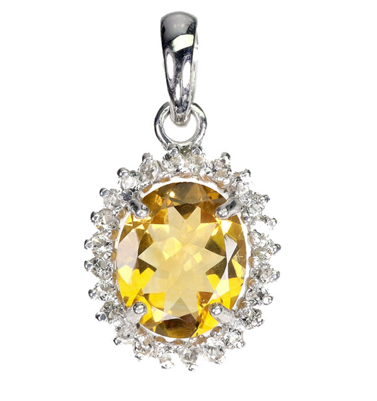 Oval Citrine 12x10mm White Topaz 925 Sterling Silver Pendant