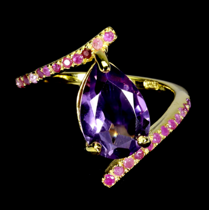 Pear Amethyst 12x8mm Ruby 925 Sterling Silver Ring