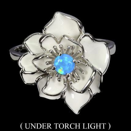 Round Blue Opal 4mm Gemstone Enamel Flower Ring Sz 9