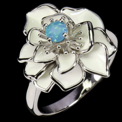 Round Blue Opal 4mm Gemstone Enamel Flower Ring Sz 9