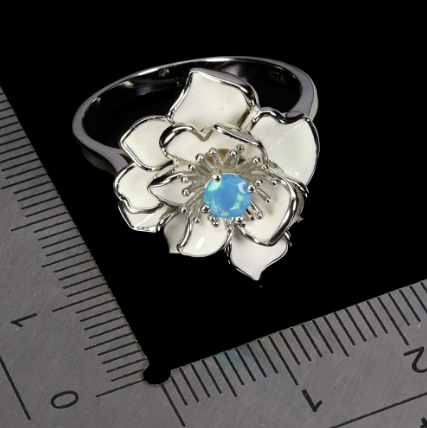 Round Blue Opal 4mm Gemstone Enamel Flower Ring Sz 9