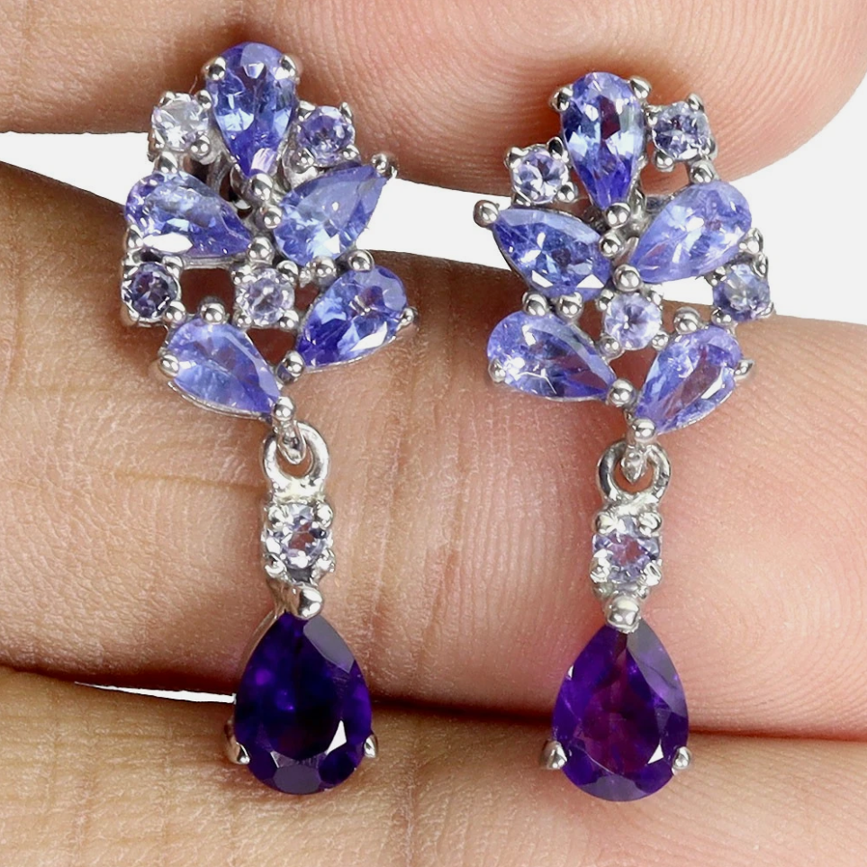 Pear Amethyst 6x4mm Tanzanite 925 Sterling Silver Earrings