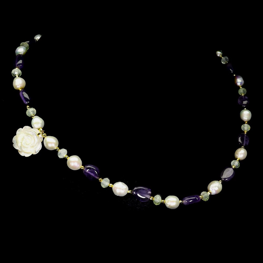 925 Sterling Silver Necklace Fancy Amethyst 11x8mm Peridot Pearl Gemstone 18.5in