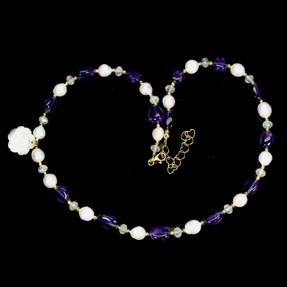 925 Sterling Silver Necklace Fancy Amethyst 11x8mm Peridot Pearl Gemstone 18.5in