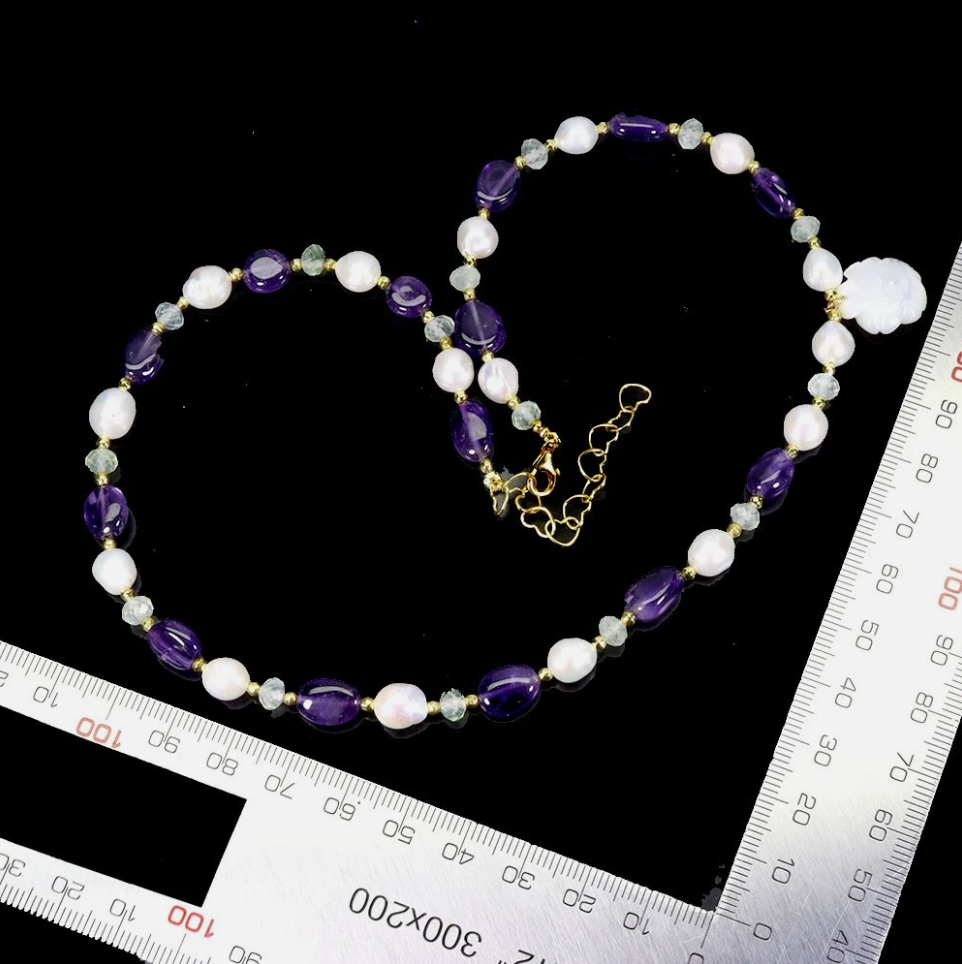 925 Sterling Silver Necklace Fancy Amethyst 11x8mm Peridot Pearl Gemstone 18.5in