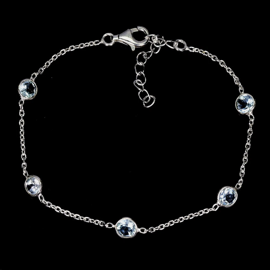 925 Sterling Silver Bracelet Round Sky Blue Topaz 5mm Natural Gemstone 8.5"