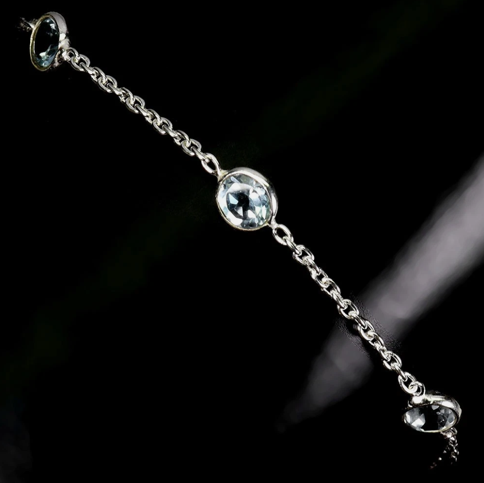 925 Sterling Silver Bracelet Round Sky Blue Topaz 5mm Natural Gemstone 8.5"