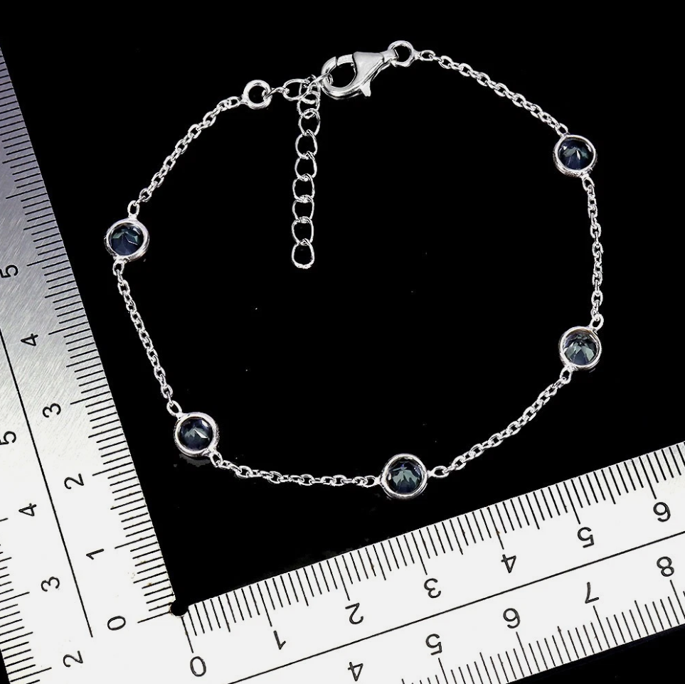 925 Sterling Silver Bracelet Round Sky Blue Topaz 5mm Natural Gemstone 8.5"