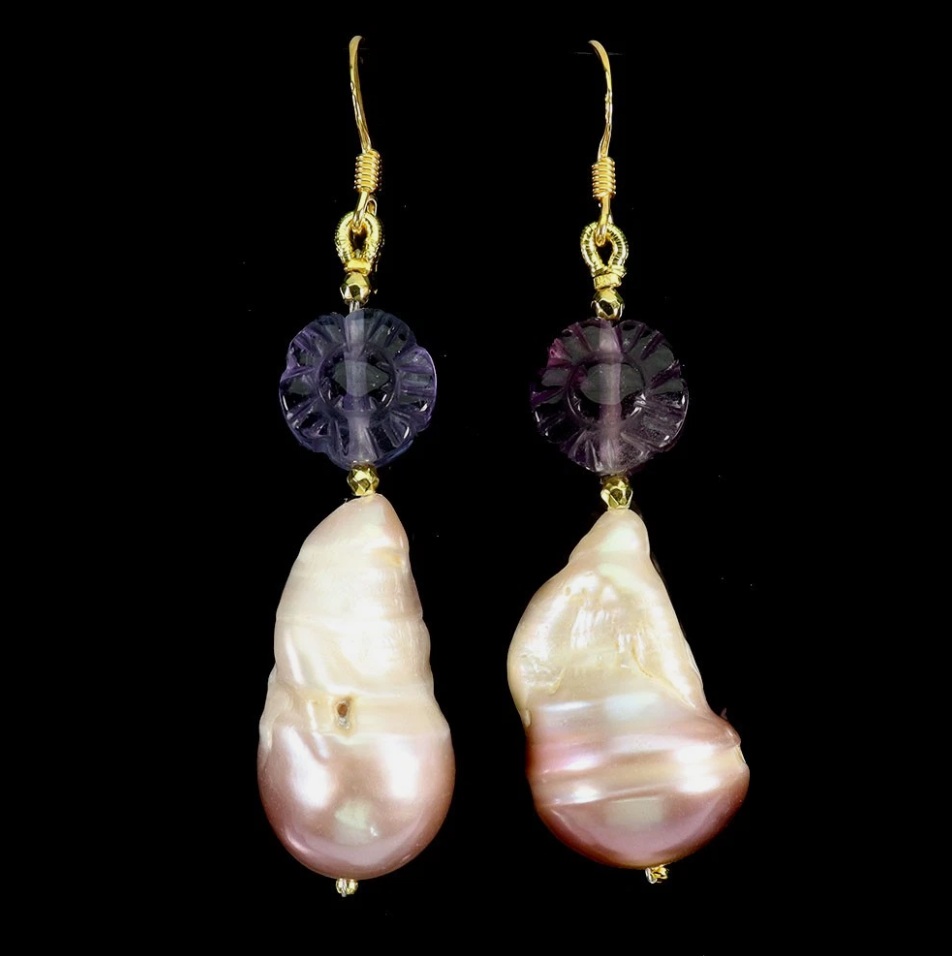 925 Sterling Silver Earrings Flower Carving Fluorite 10mm Pearl Gemstone Jewelry