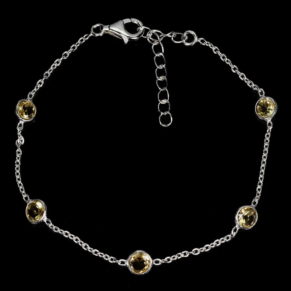 925 Sterling Silver Bracelet Round Citrine 5mm Natural Gemstone