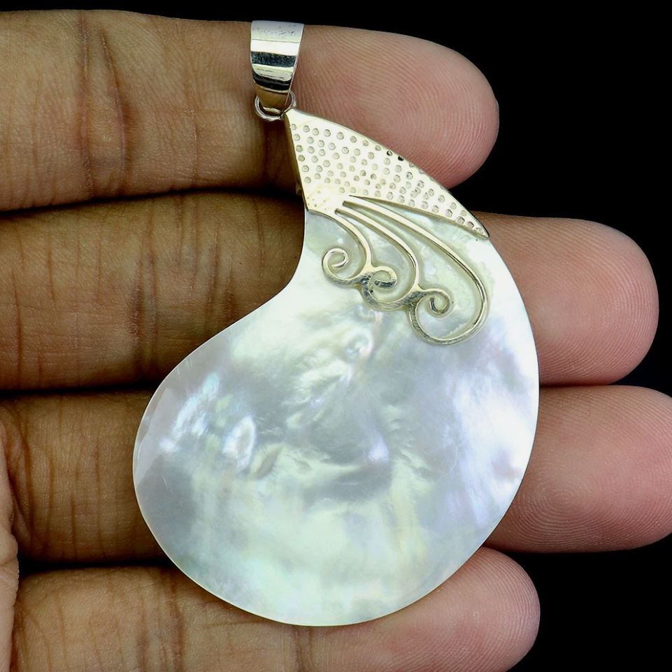 925 Sterling Silver Pendant Fancy Mother Of Pearl 49x38mm