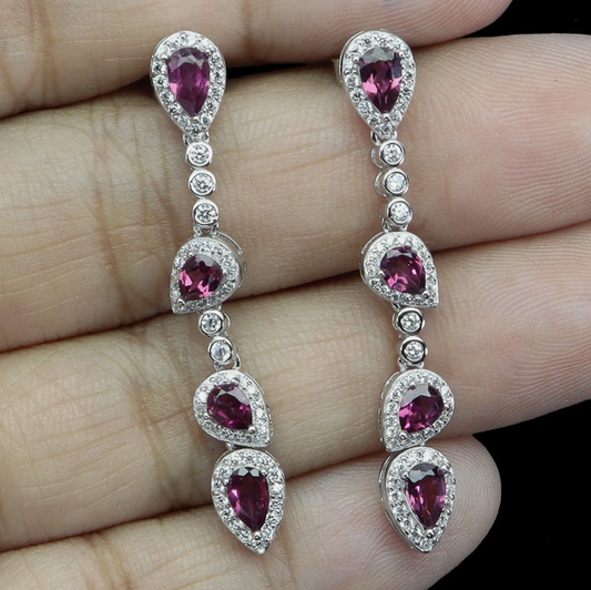 925 Sterling Silver Earrings Pear Rhodolite Garnet 5x3mm Natural Gemstone