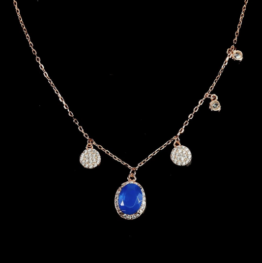 14K Rose Gold Plated 925 Silver Oval Blue Opal CZ Halo Charm Necklace 16"