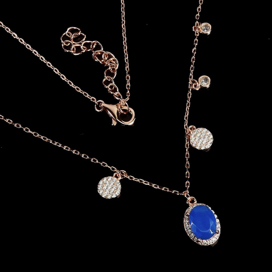 14K Rose Gold Plated 925 Silver Oval Blue Opal CZ Halo Charm Necklace 16"