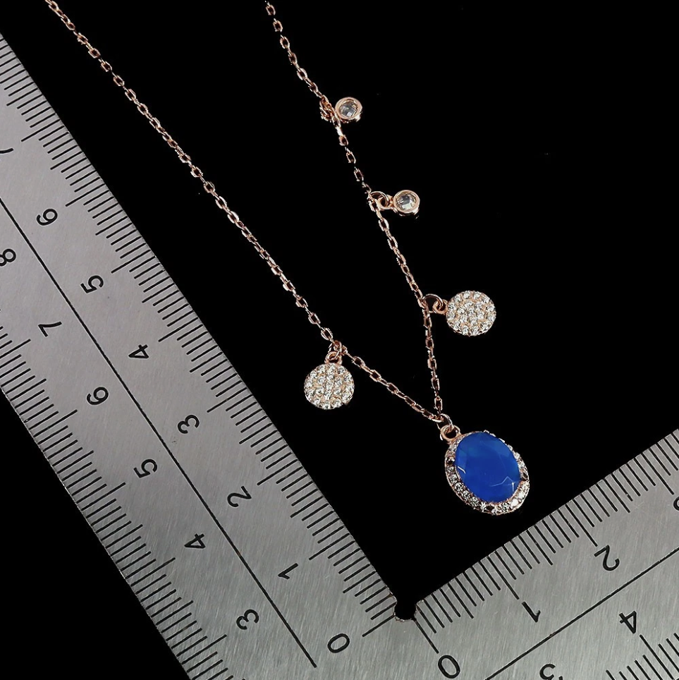 14K Rose Gold Plated 925 Silver Oval Blue Opal CZ Halo Charm Necklace 16"