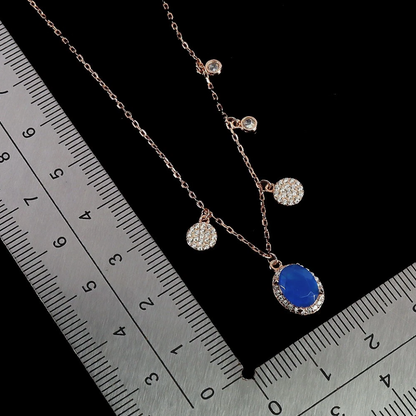 14K Rose Gold Plated 925 Silver Oval Blue Opal CZ Halo Charm Necklace 16"