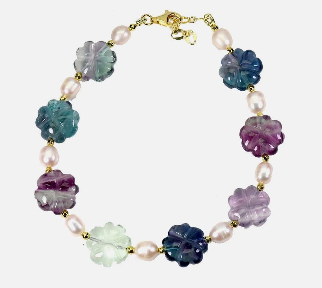 Afghan Fluorite & Pearl Bracelet (14k Gold Plated Sterling Silver)