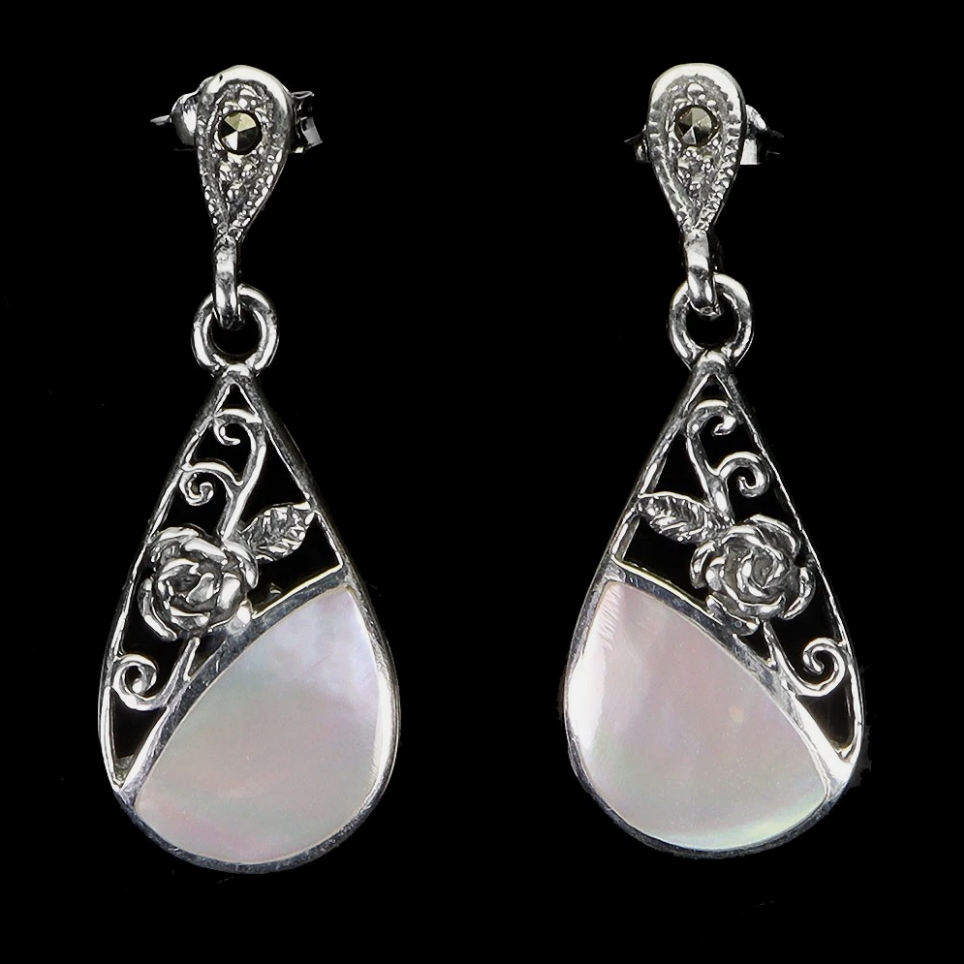 925 Sterling Silver Mother of Pearl Dangle Earrings | Filigree Rose Teardrop