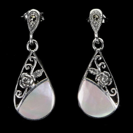 925 Sterling Silver Mother of Pearl Dangle Earrings | Filigree Rose Teardrop