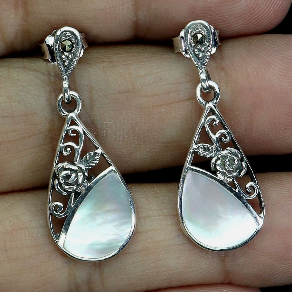 925 Sterling Silver Mother of Pearl Dangle Earrings | Filigree Rose Teardrop