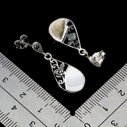 925 Sterling Silver Mother of Pearl Dangle Earrings | Filigree Rose Teardrop