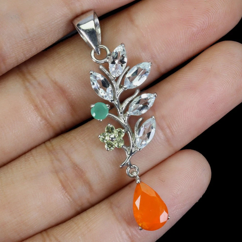 925 Sterling Silver Pendant Pear Orange Opal 9x6mm