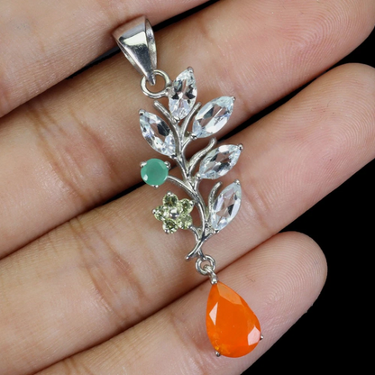 925 Sterling Silver Pendant Pear Orange Opal 9x6mm