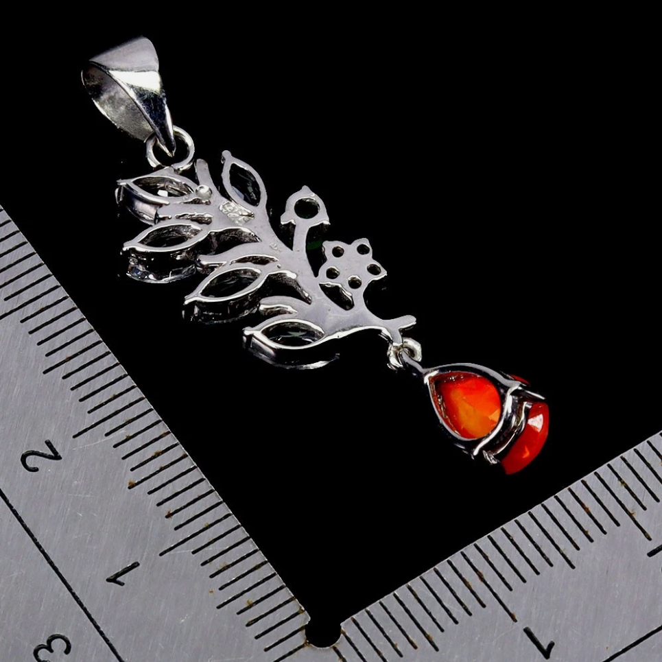 925 Sterling Silver Pendant Pear Orange Opal 9x6mm