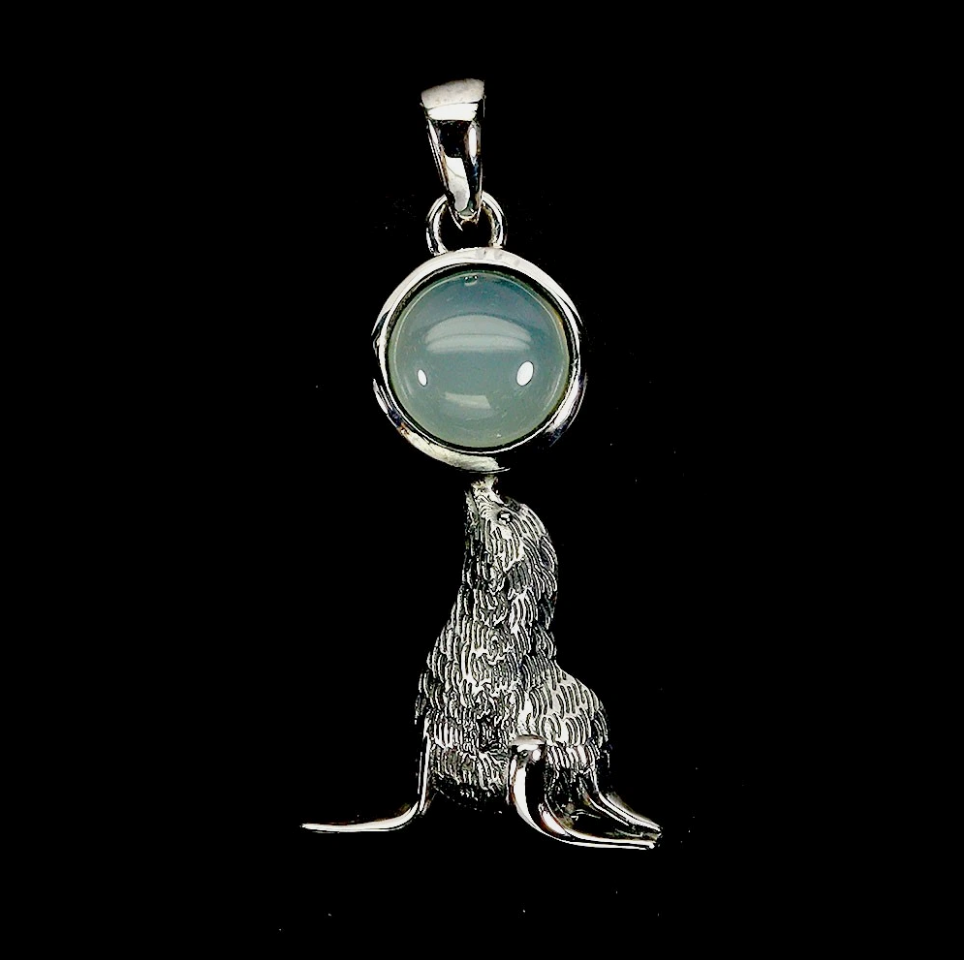 925 Sterling Silver Chalcedony 7mm  Circus Seal Pendant