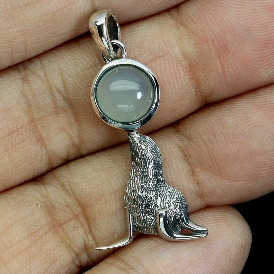 925 Sterling Silver Chalcedony 7mm  Circus Seal Pendant