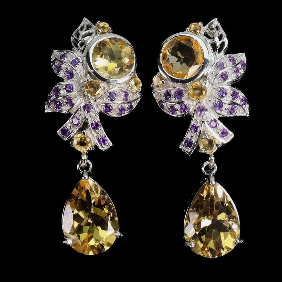 Elegant 14k White Gold Plated 925 Silver Citrine &amp; Amethyst Drop Earrings