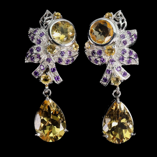 Elegant 14k White Gold Plated 925 Silver Citrine &amp; Amethyst Drop Earrings